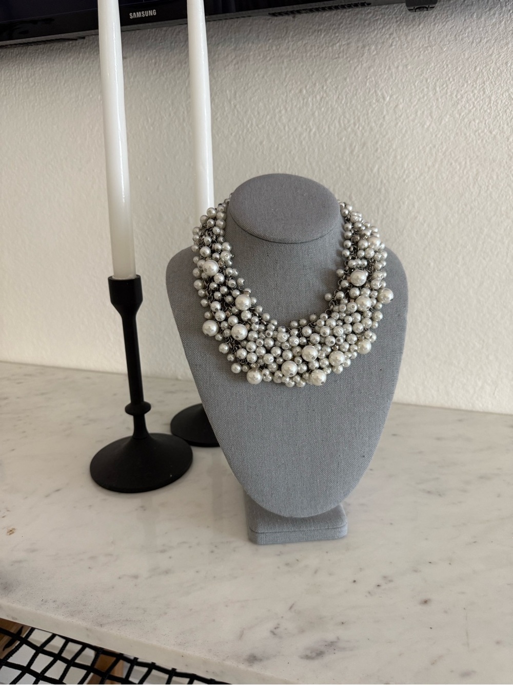 Statement Multi-Strand Pearl Cluster Necklace - Silver Tone - Picture 10 of 10
